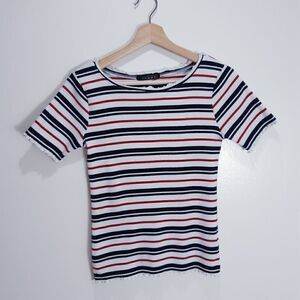 NWOT Sailor Striped Ribbed Korean Scallop Trim Top
